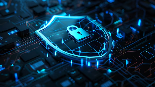Sicurezza infrastruttura IT: scudo digitale con lucchetto su circuito stampato